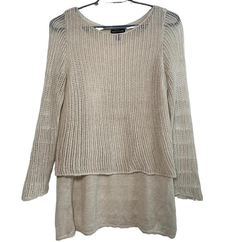EILEEN Fisher Linen Knit Mesh Overlay Tiered Layered Sweater Size XS